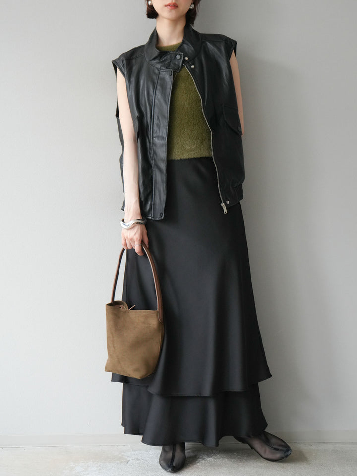 [予約]スリーブレスフェイクレザーブルゾン/ブラック