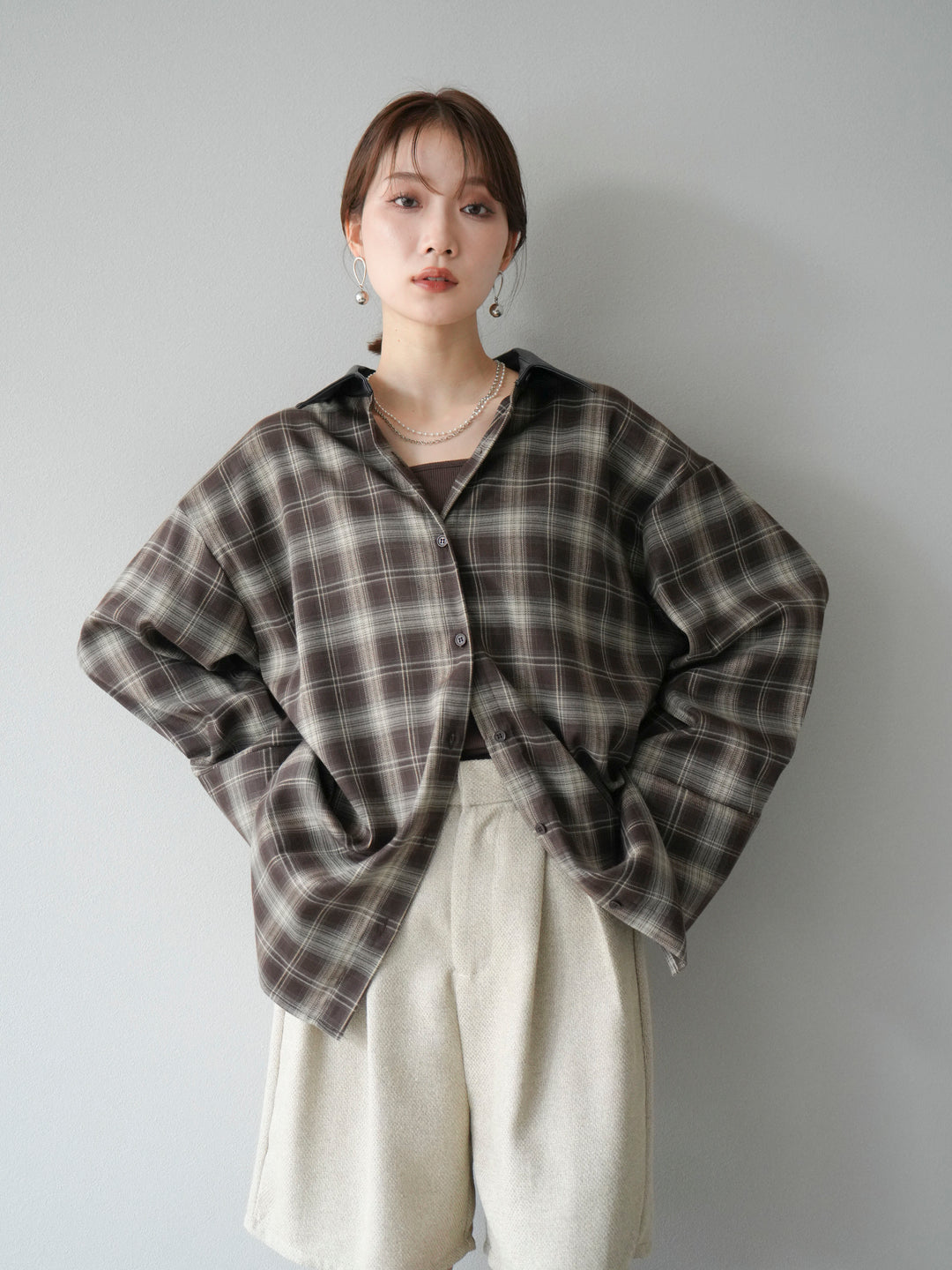 【着回しセット】[SET]レザー襟オンブレチェックオーバーシャツ +クラッシュベロアナロースカート+ツイードハーフパンツ(3set)