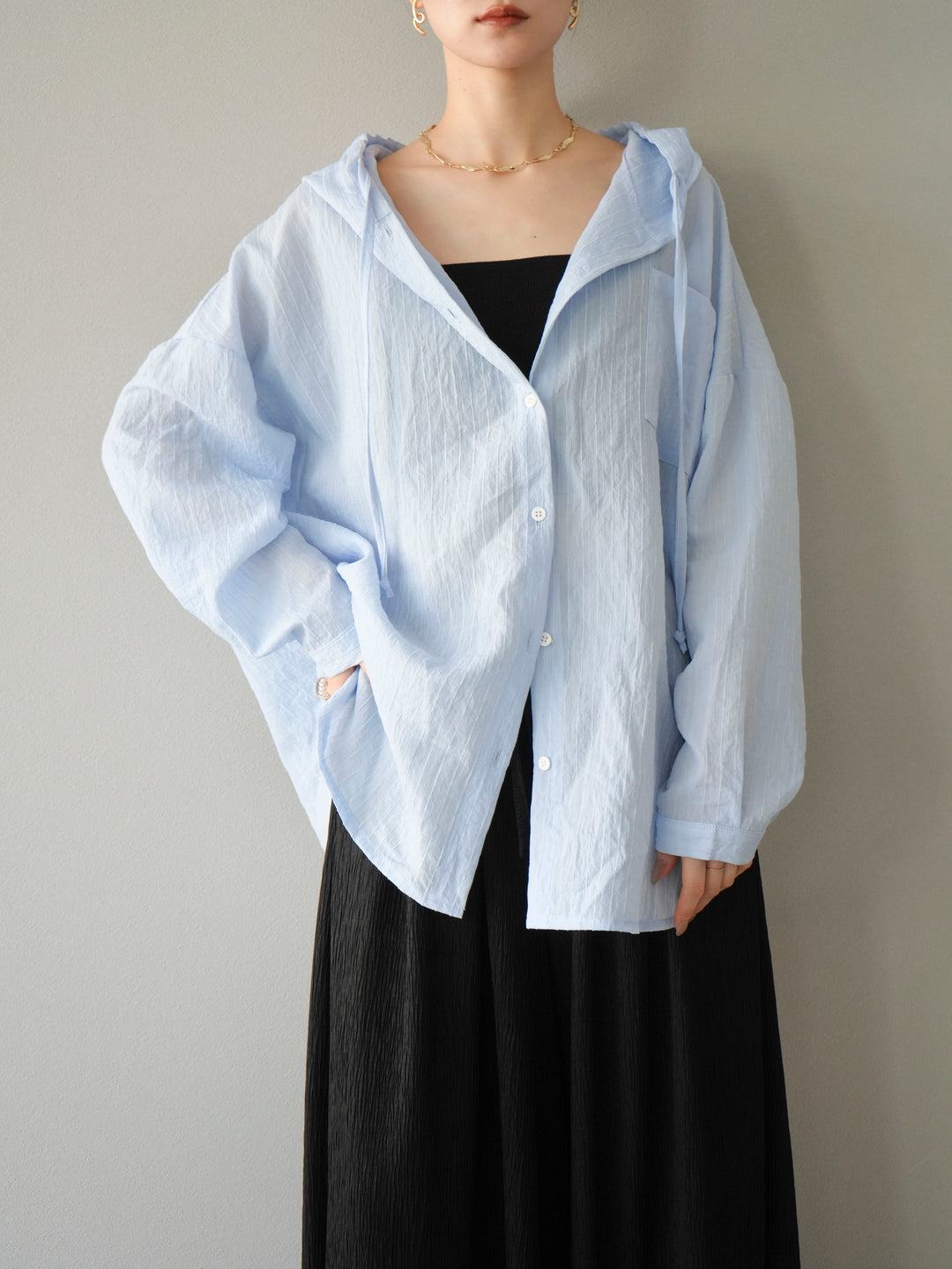 [予約]ワッシャーストライプフーディーシャツ/ブルー