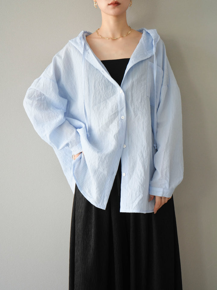 [予約]ワッシャーストライプフーディーシャツ/ブルー