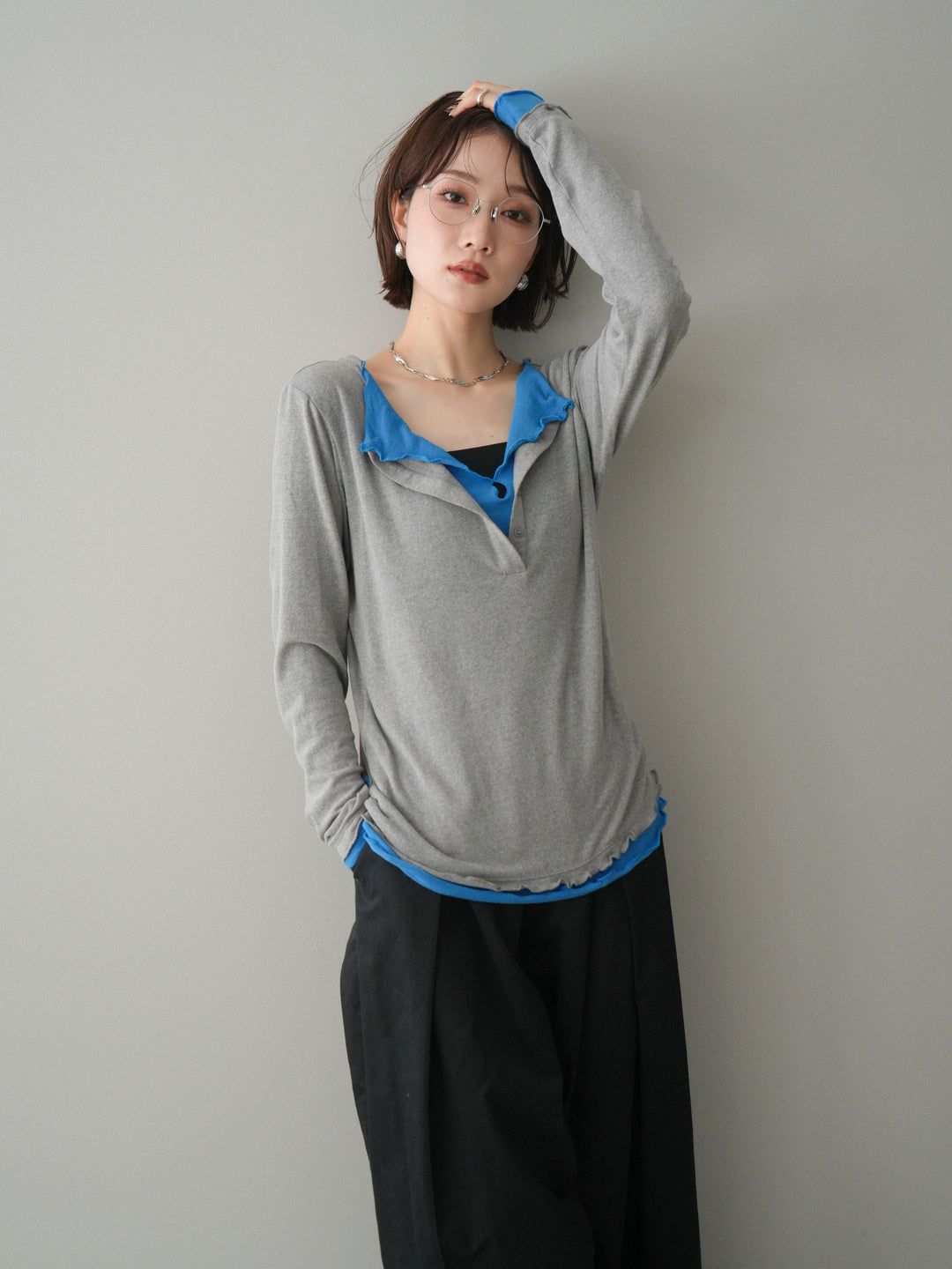 [予約]配色レイヤードメローカットソー/grey