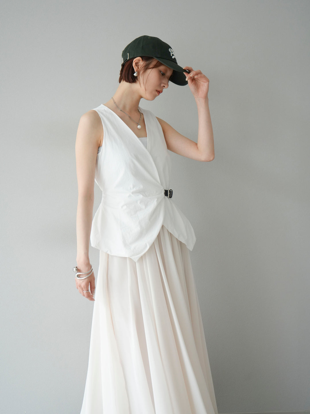 [SET]ベルトデザインバルーンブラウス+シフォンフレアスカート(2set)