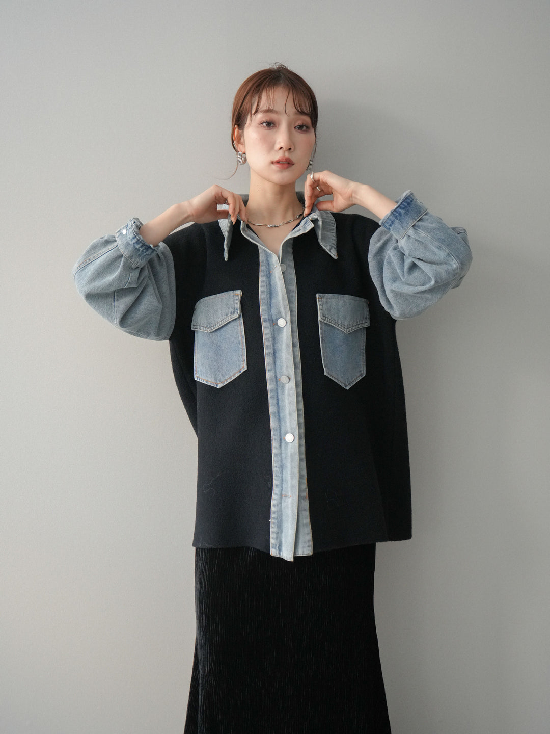 [予約]デニム襟ダブルフェイスニットカーディガン/black