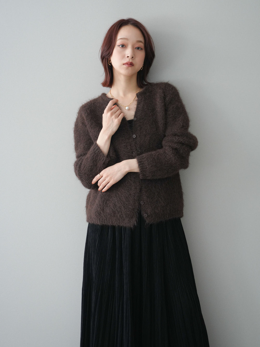 [予約]キーネックシャギーニットカーディガン/brown