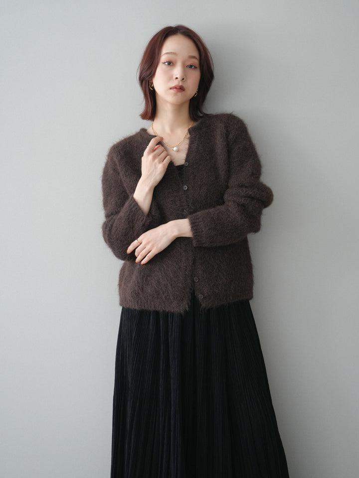 [予約]キーネックシャギーニットカーディガン/brown