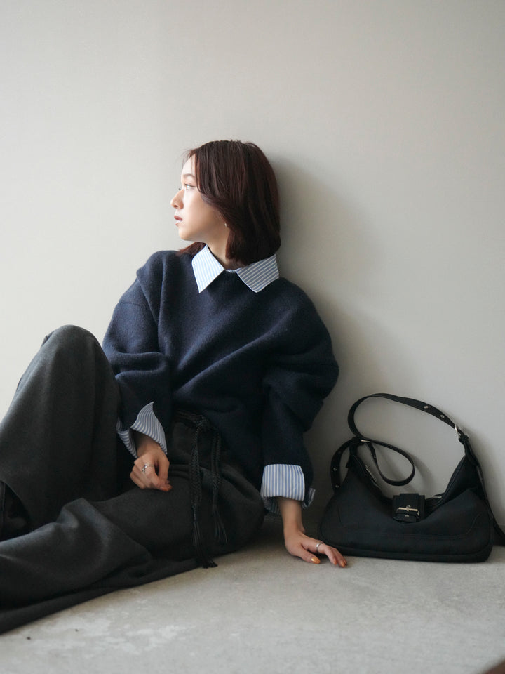 [SET]2WAYストライプ襟ニットプルオーバー+選べるアクセセット(2set)