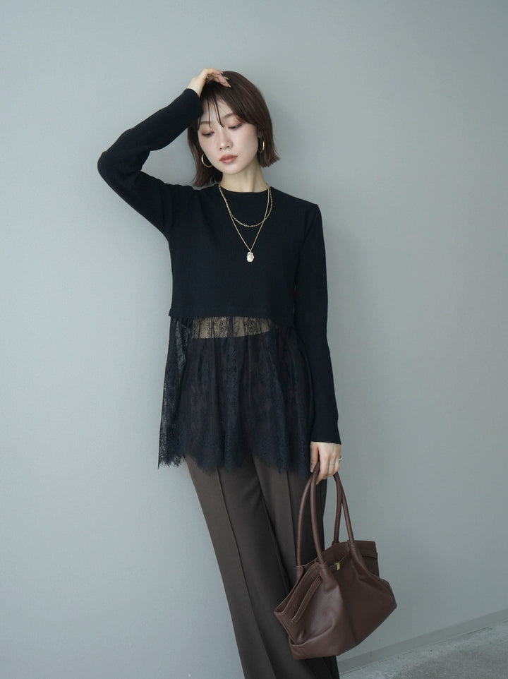 [SET]クルーネックレースドッキングリブニットトップス+センターシームフレアパンツ(2set)