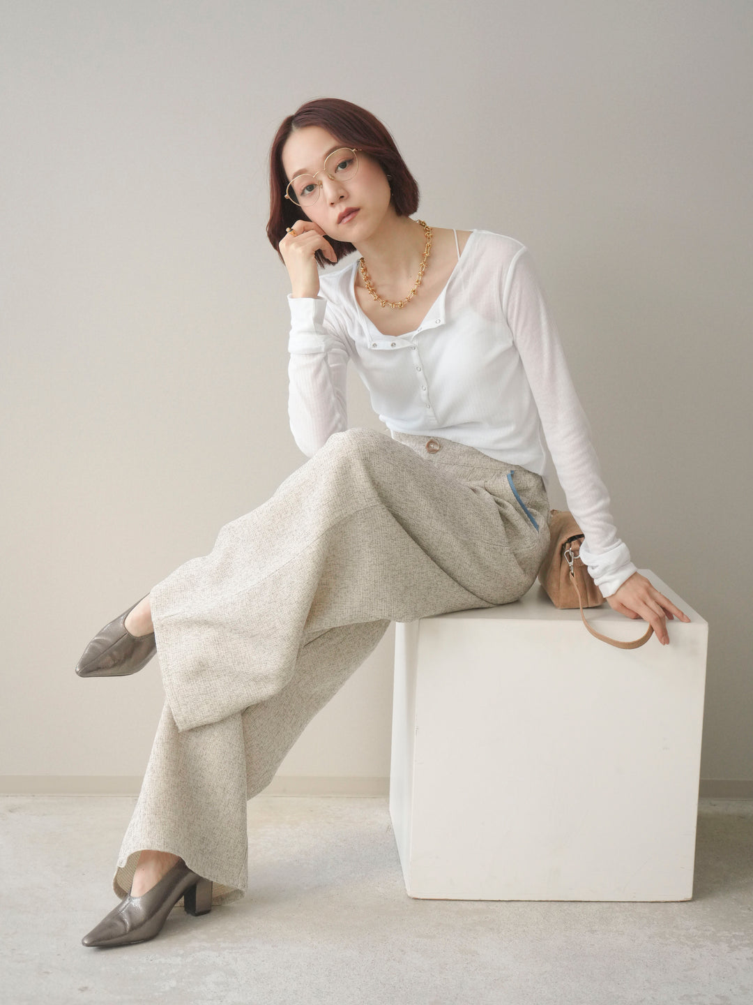 [予約]シアーリブヘンリーネックロンT/white