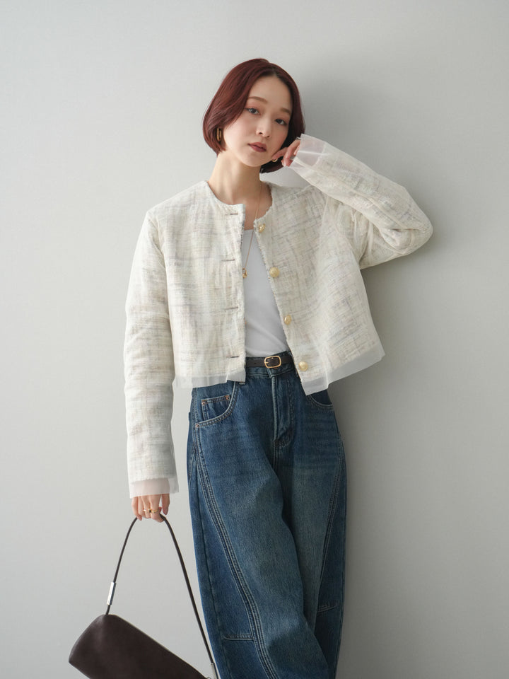 [予約]チュールレイヤードツイードクロップドジャケット/pink