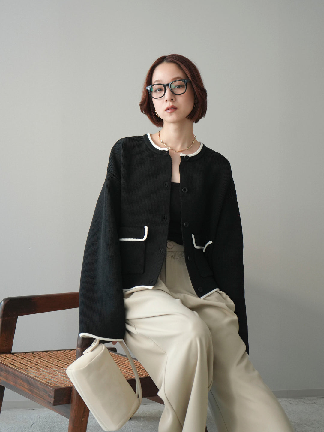 [SET]ポリエステル配色ニットカーディガン+ウエストレースタックワイドパンツ(2set)