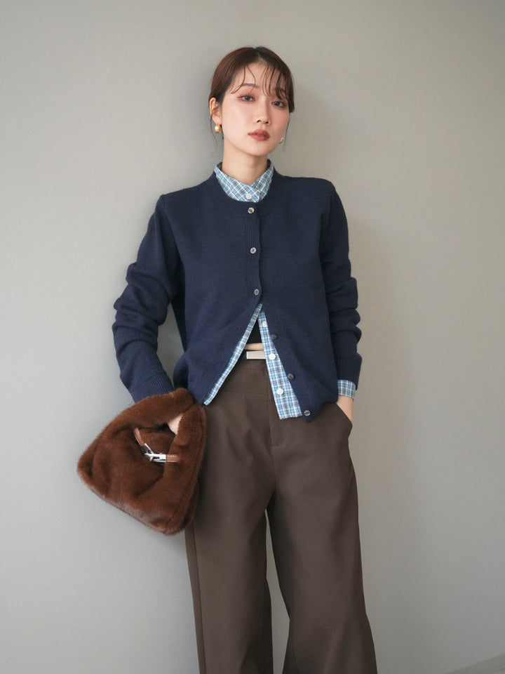 [予約]チェックシャツレイヤードデザインニットカーディガン/navy