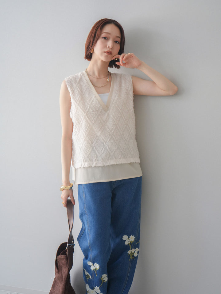 [SET]フリンジレイヤードVネックノースリーブ+フラワー刺繍ストレートデニム(2set)