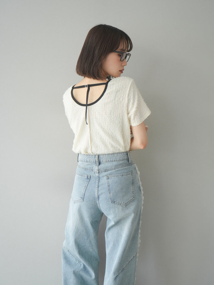 【預訂】顏色協調的滾邊蓬鬆剪裁上衣/象牙白