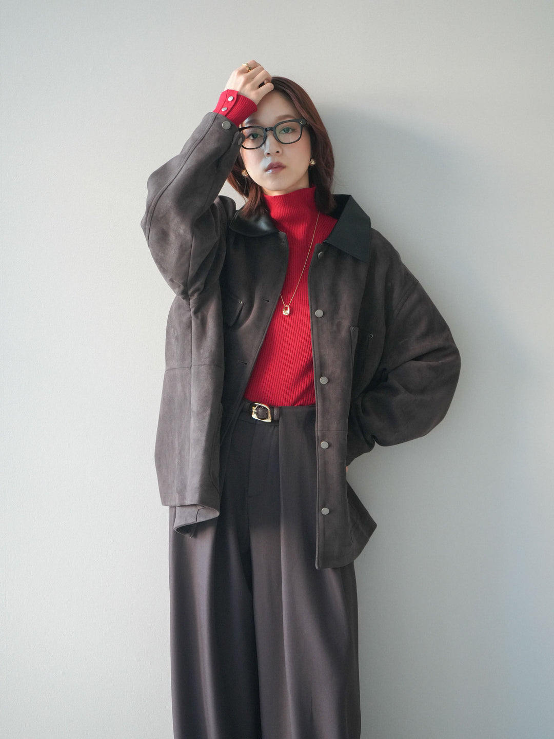 [SET]襟レザーステンカラースエードジャケット+袖ボタンボトルネックリブニットトップス+ベルトループデザインワイドパンツ(3set)