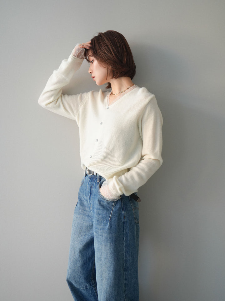 [SET]ドットチュールレイヤードボタンニットトップス+選べるアクセセット(2set)