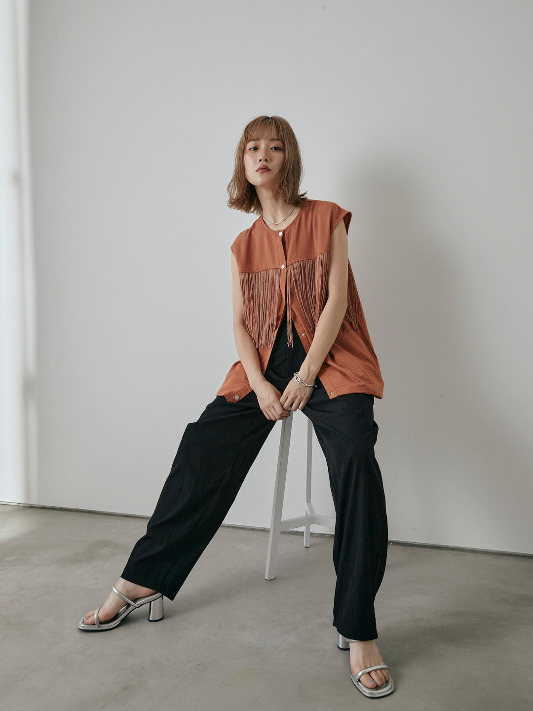 【預購】流蘇無袖上衣/摩卡色