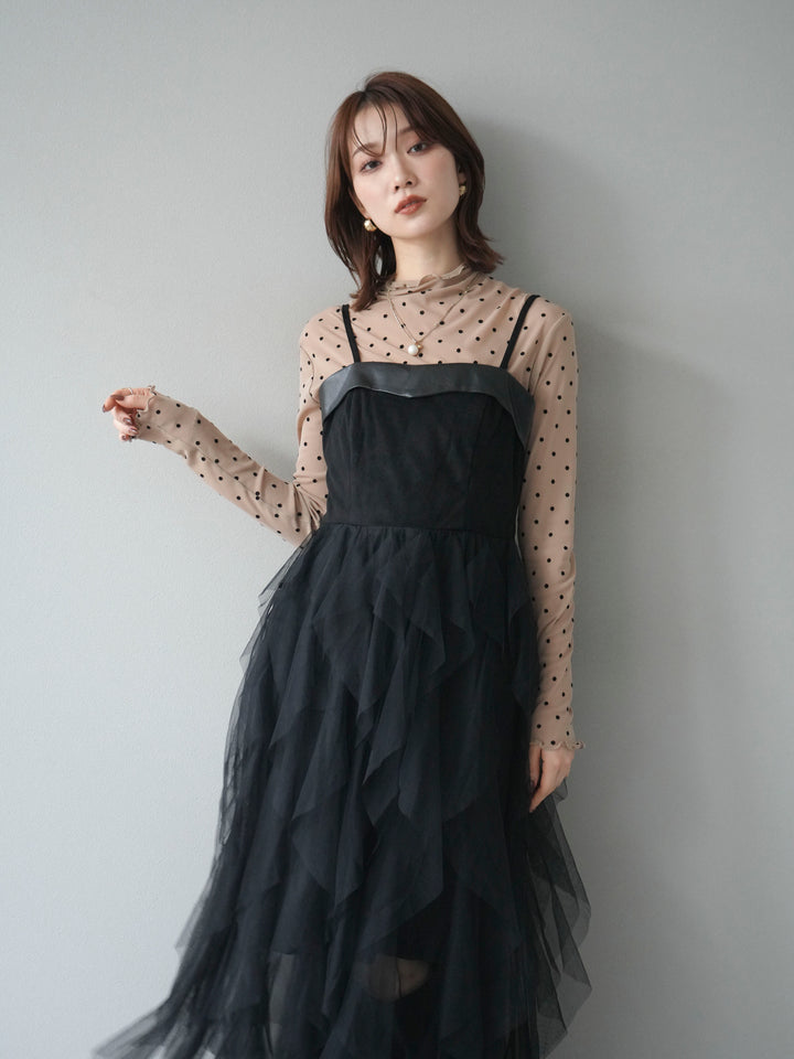 [予約]レザー切替チュールラッフルワンピース/black