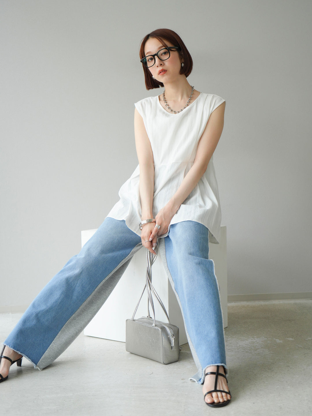 [予約]ドビーストライプタックブラウス/ホワイト