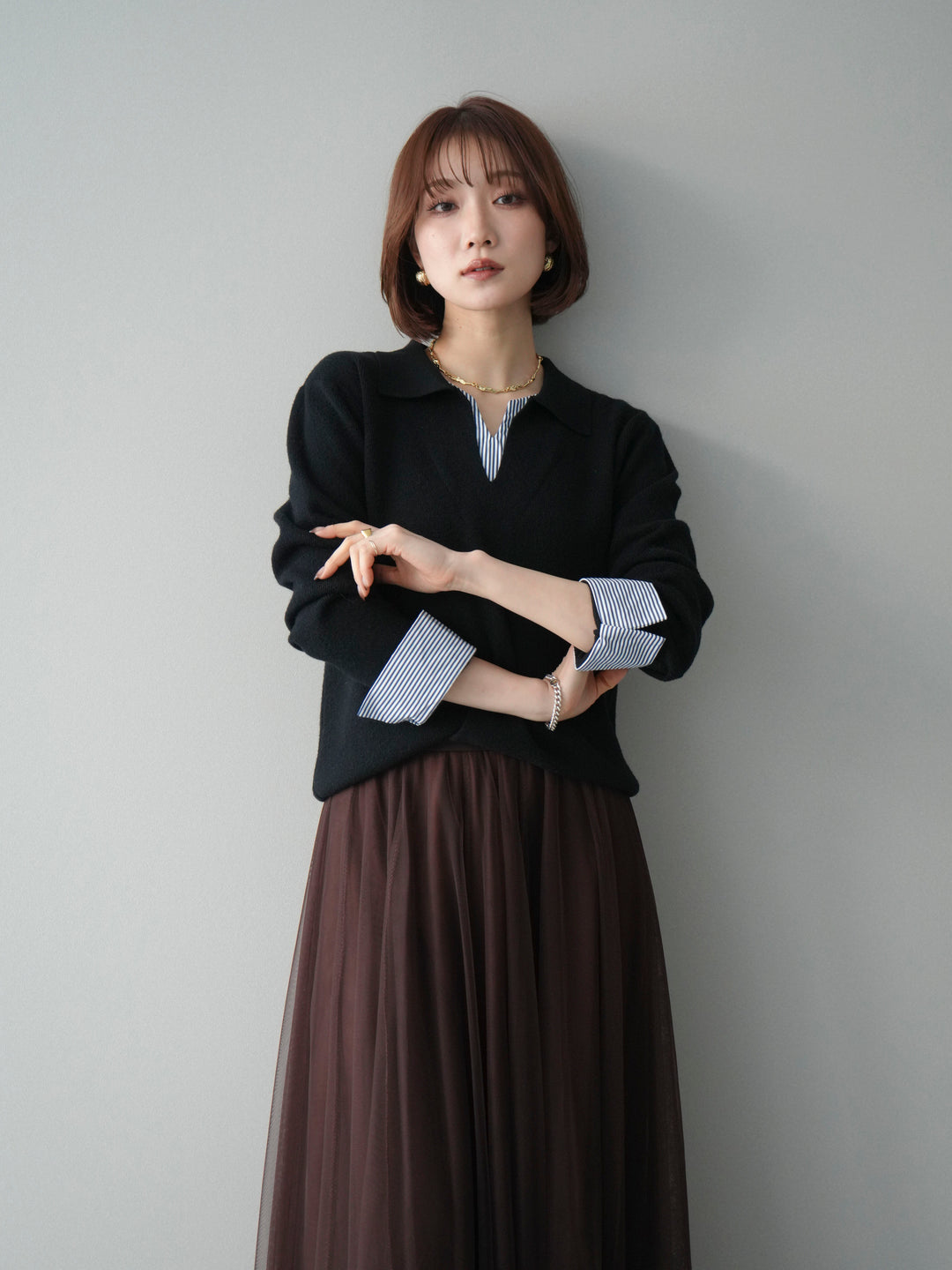 [予約]シャツレイヤードスキッパーニットプルオーバー/black