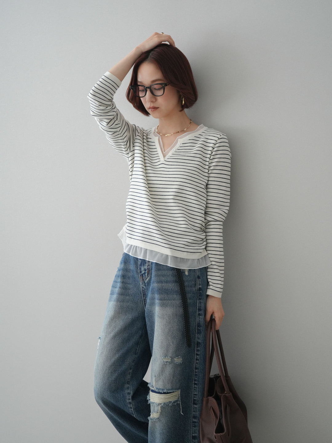 [SET]チュールレイヤードデザインボーダーニットトップス+ダメージデニムセミワイドパンツ(2set)