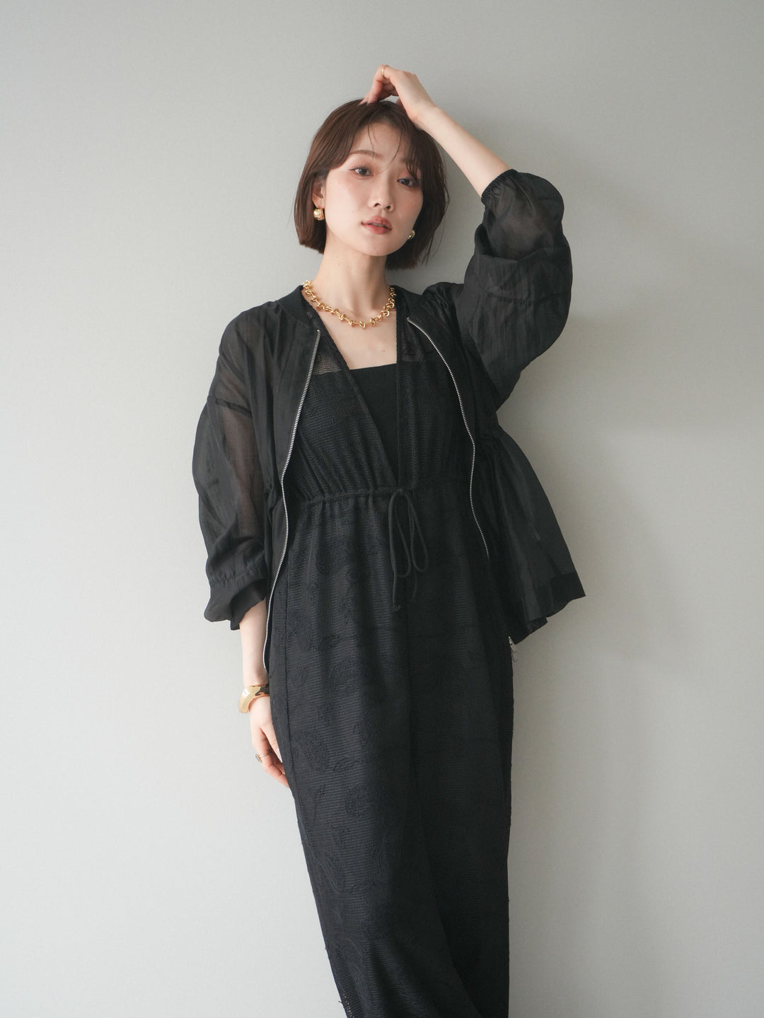 [SET]レース刺繍サロペット+ドロストシアーブルゾン(2set)