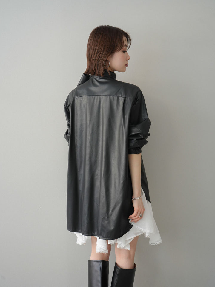 [SET]フェイクレザーボウタイブラウス+ラッフルレースミニスカート(2set)