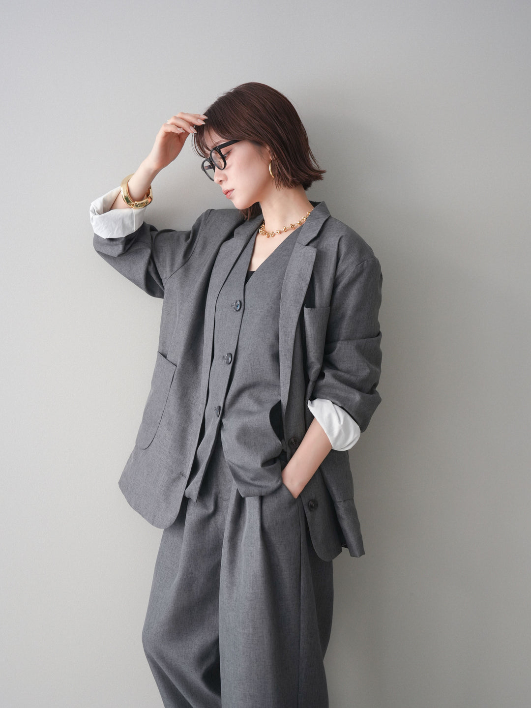 [SET]リネンライクテーラードジャケット+リネンライクバックオープンジレ+リネンライクタックワイドパンツ(3set)