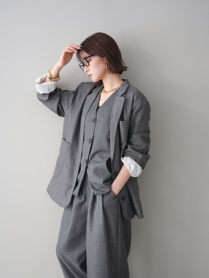 [SET]リネンライクテーラードジャケット+リネンライクバックオープンジレ+リネンライクタックワイドパンツ(3set)