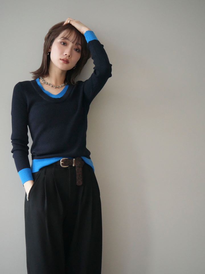 [SET]Uネック配色レイヤードリブニットトップス+アニマル柄ベルト付きウールタッチワイドパンツ(2set)