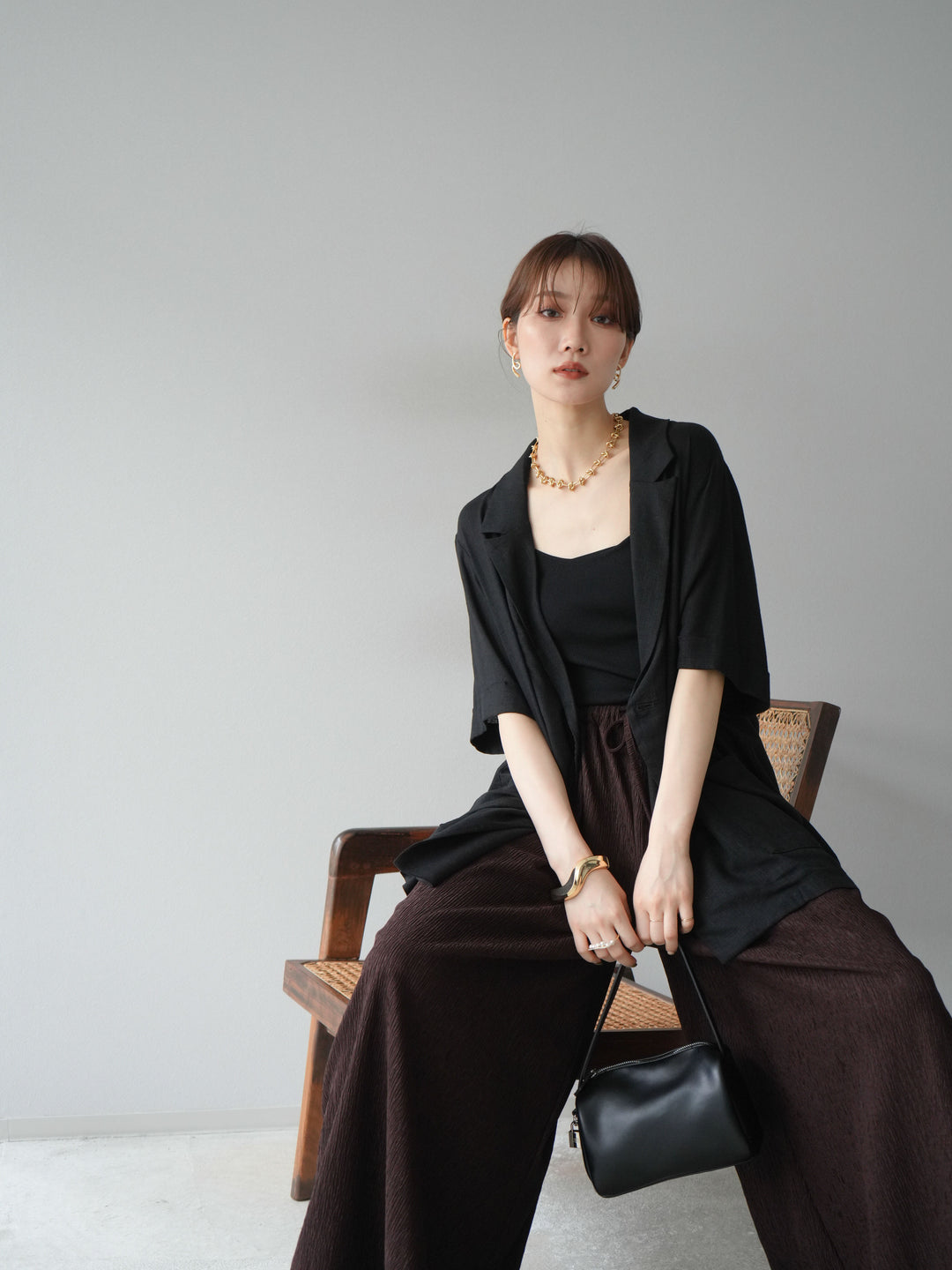 【預購】輕亞麻半袖外套/黑色