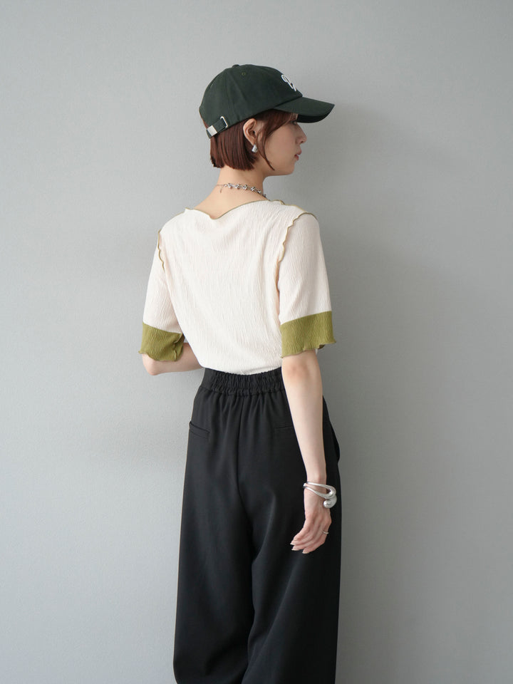 [SET] 百褶同色船領套頭衫 + 拉鍊褶襉寬褲 (2 套)