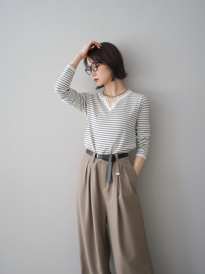 [SET]チュールレイヤードデザインボーダーニットトップス+ベルト付キーホルダーモチーフワイドパンツ(2set)