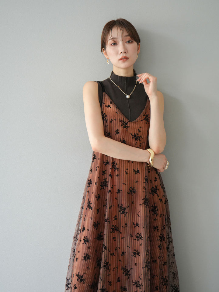 [SET]フロッキーチュールレイヤードベロアキャミワンピース+プチネックセンターシームノースリーニットトップス(2set)