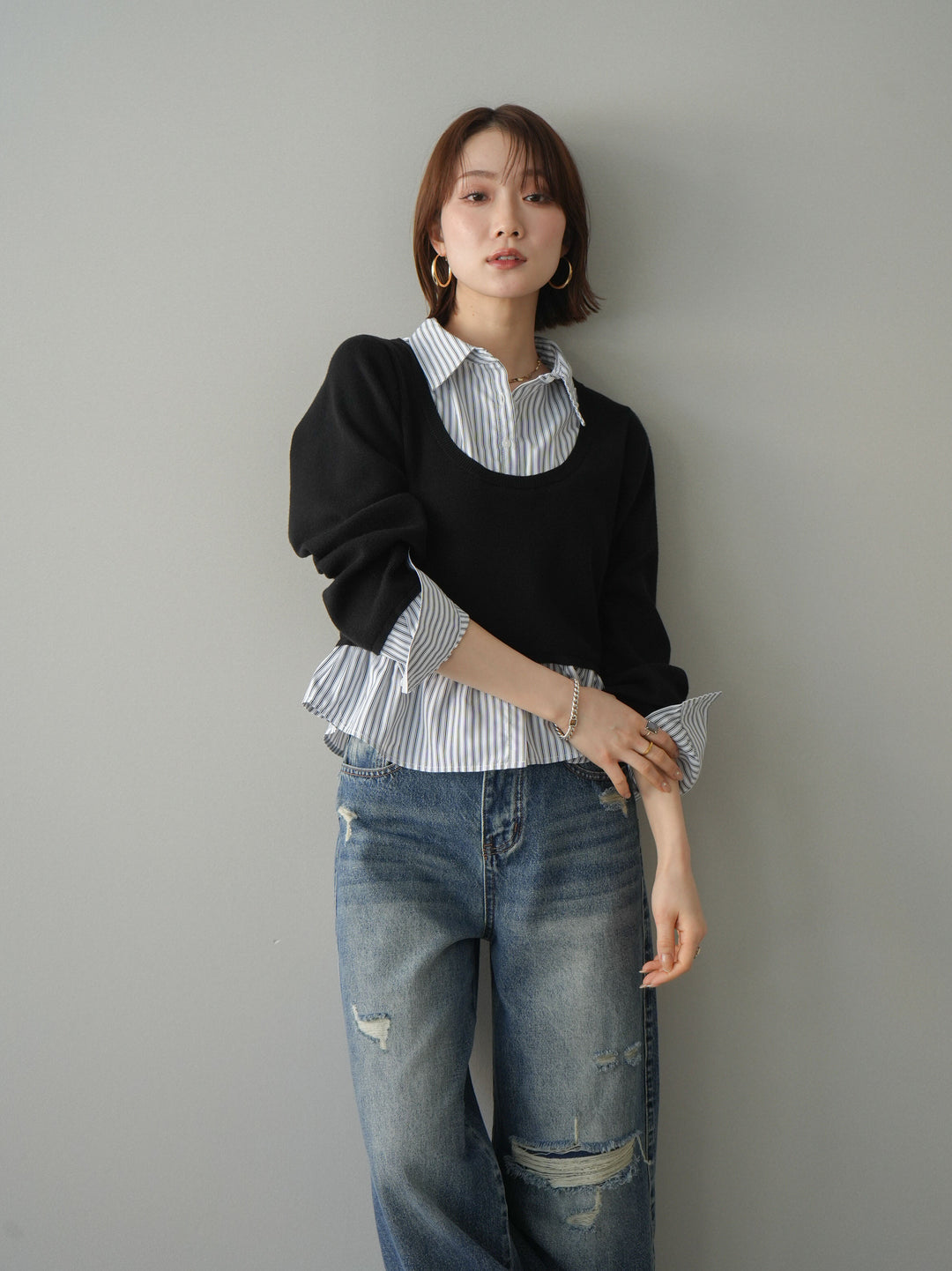 [予約]ストライプシャツUネックドッキングニットプルオーバー/blackoffstripe