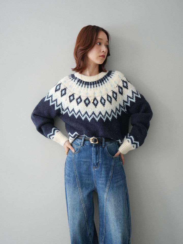 [予約]ノルディック柄ニットプルオーバー/navy