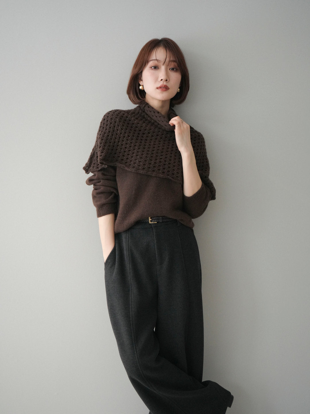 [予約]メッシュケープアンサンブルニットプルオーバー/brown