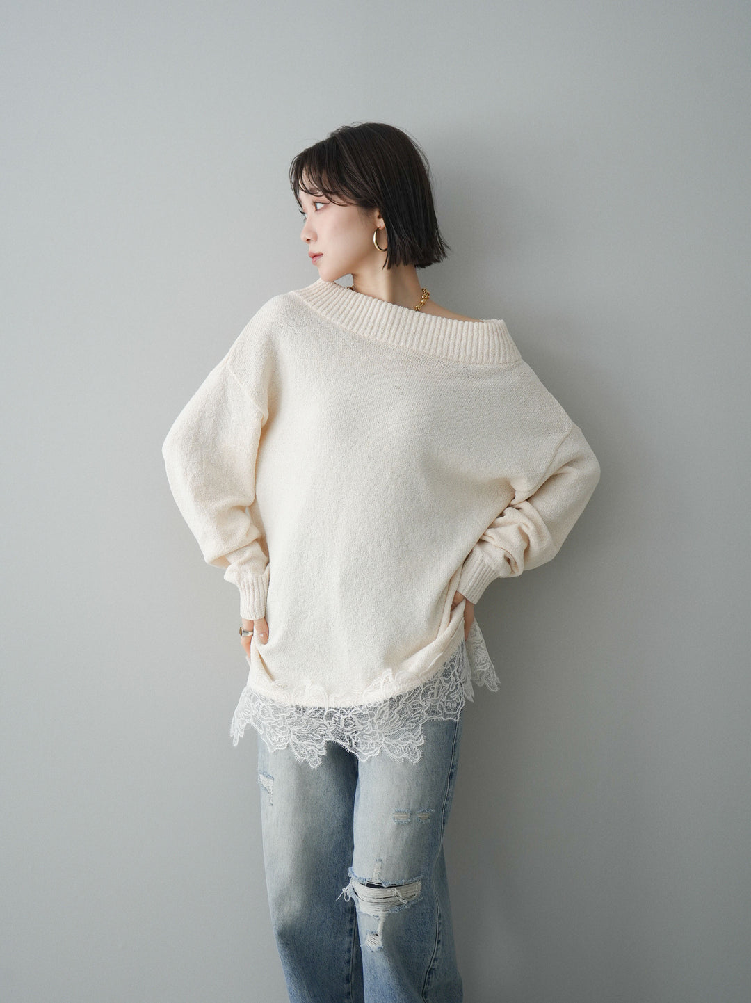 [SET]アシンメトリーレースヘムニットプルオーバー+選べるアクセセット(2set)