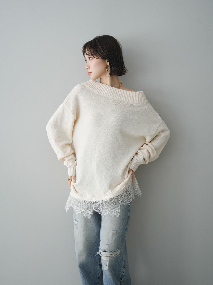 [SET]アシンメトリーレースヘムニットプルオーバー+選べるアクセセット(2set)