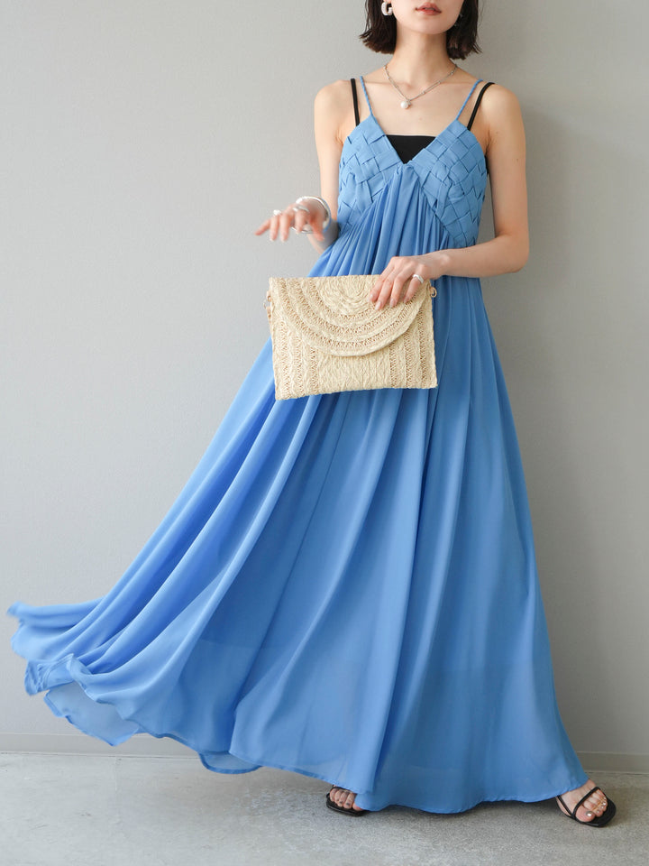 [SET]編み込みデザインシフォンワンピース+カップ付テレコリブベアキャミソール(2set)