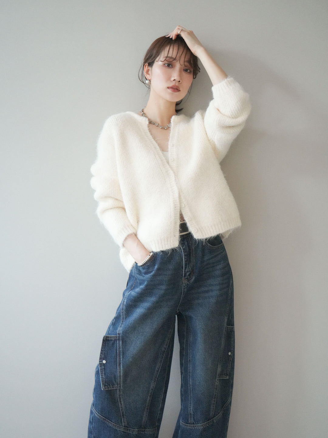 [予約]キーネックシャギーニットカーディガン/ivory