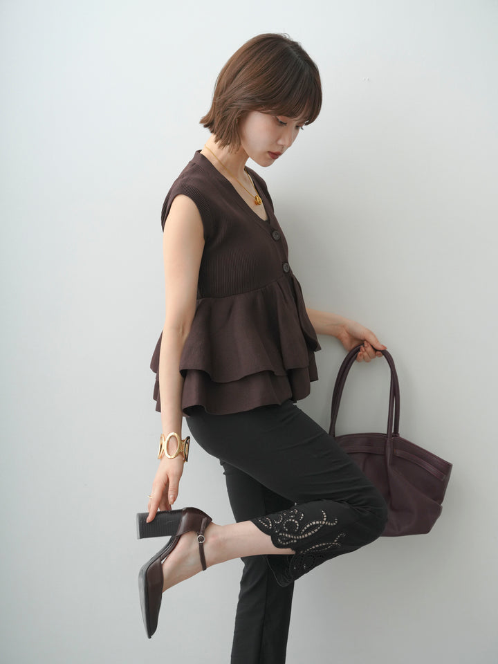 [予約]ダブルフリルペプラムノースリニットトップス/brown
