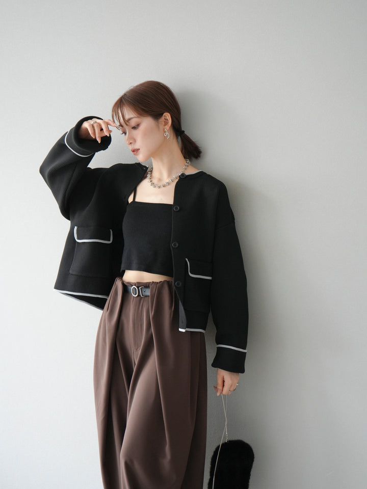 [予約]ポリエステル配色クルーネックカーディガン/ブラック