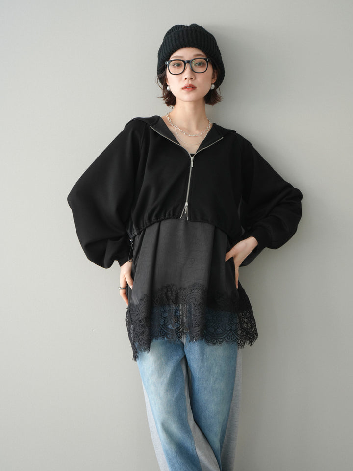 [予約]バイカラー異素材ライトポンチクロップドZIPフーディー/black