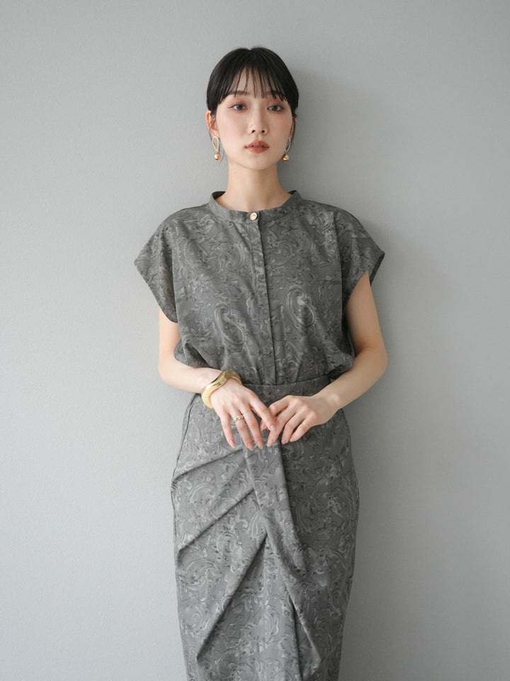 [SET]ペイズリープリントゴールドボタンブラウス+ペイズリープリントタックIラインスカート(2set)