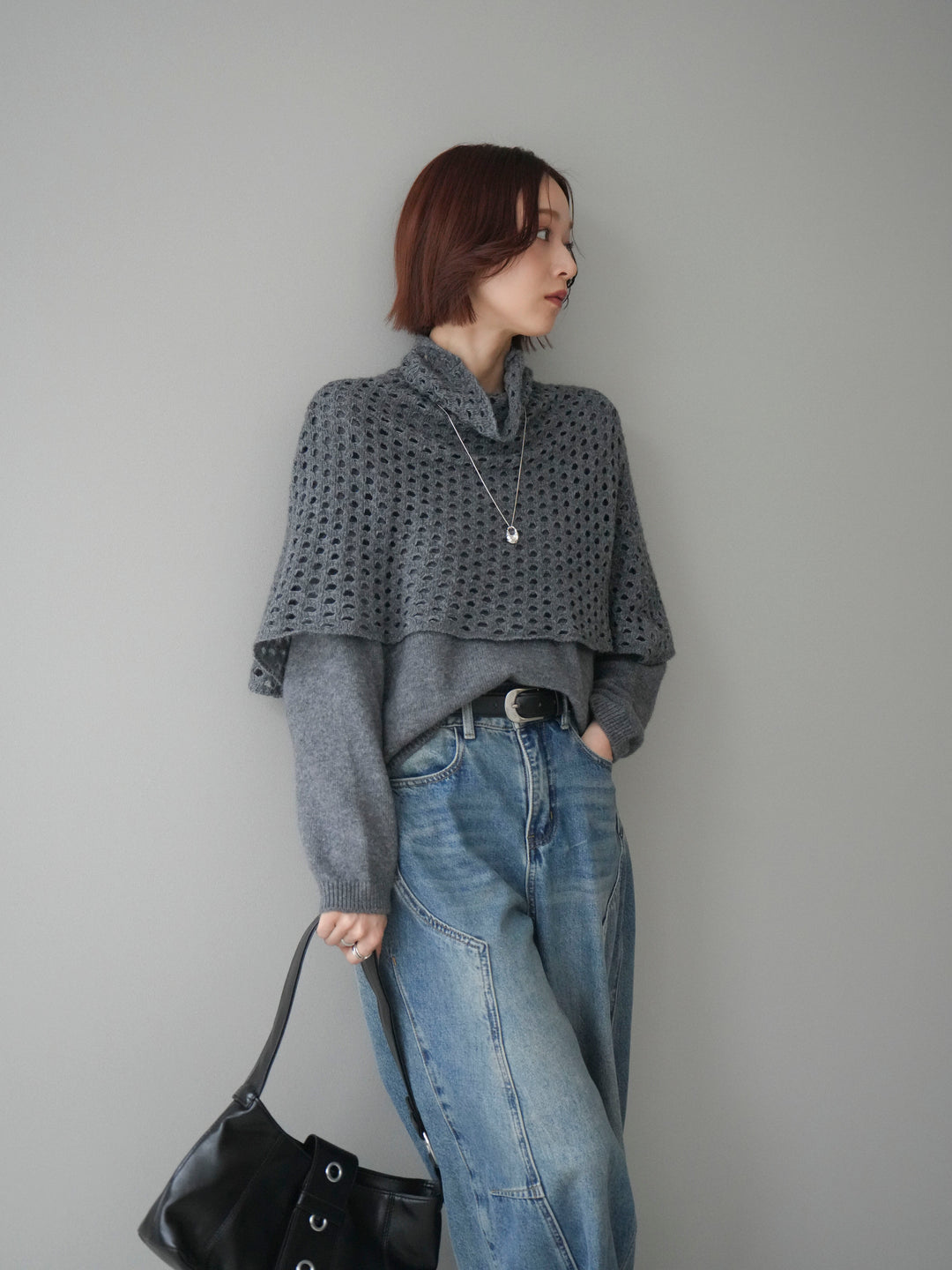 [予約]メッシュケープアンサンブルニットプルオーバー/darkgray