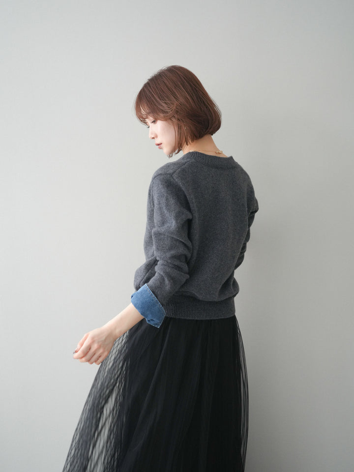 [SET]クルーネックデニムドッキングニットカーディガン+選べるアクセセット(2set)