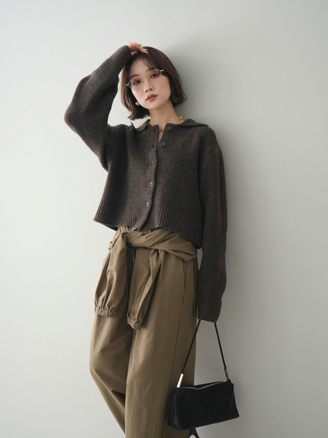 [予約]メランジニット襟付きクロップドカーディガン/brown