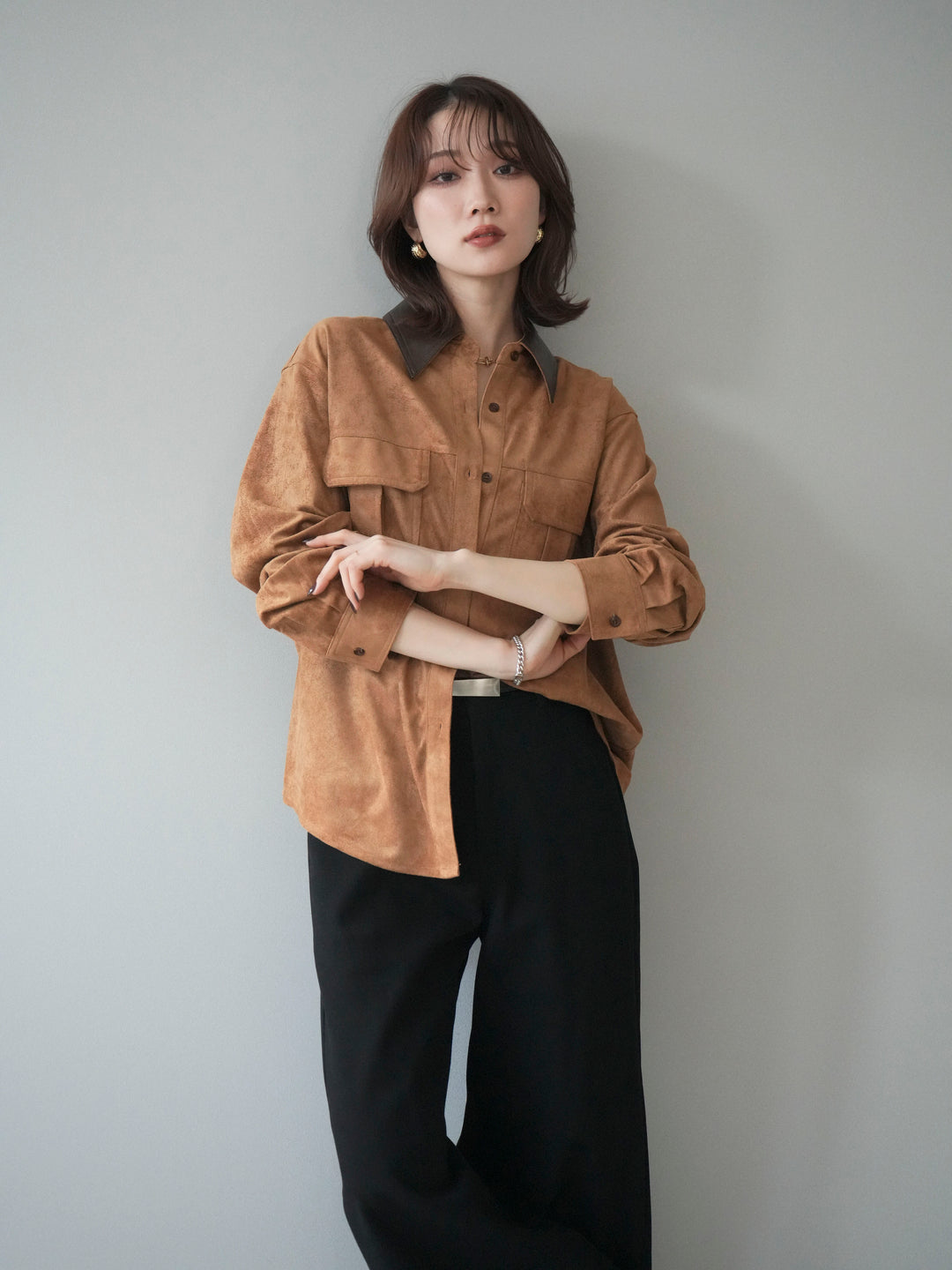 [予約]レザー襟スエードシャツ/camel