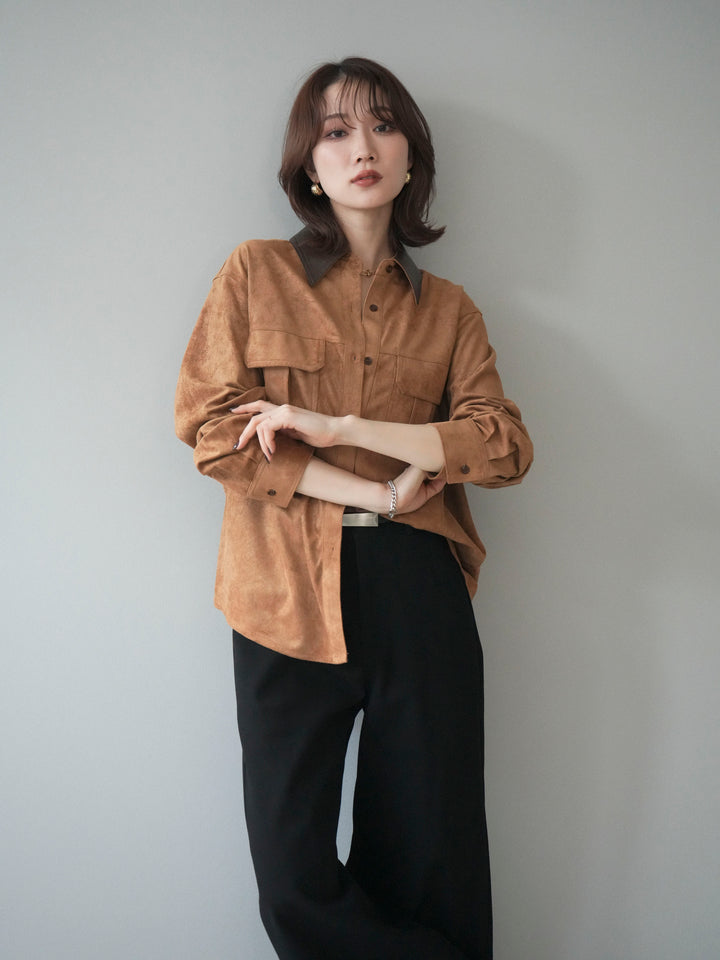 [予約]レザー襟スエードシャツ/camel