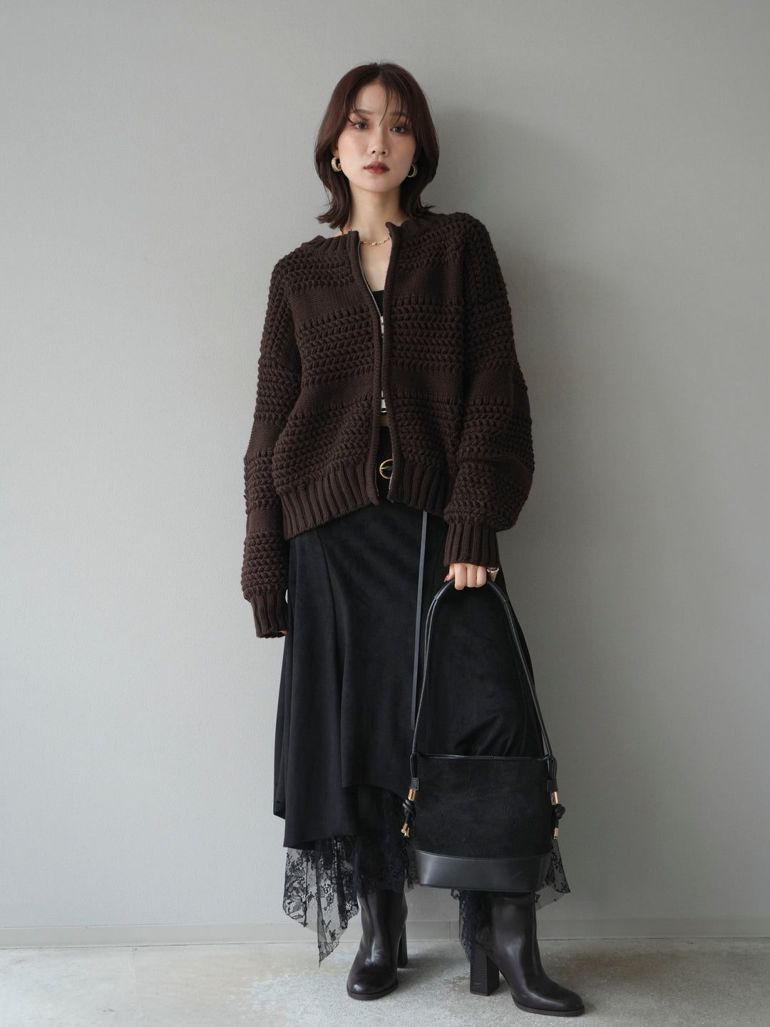 [予約]ケーブル編みZIPニットカーディガン/brown